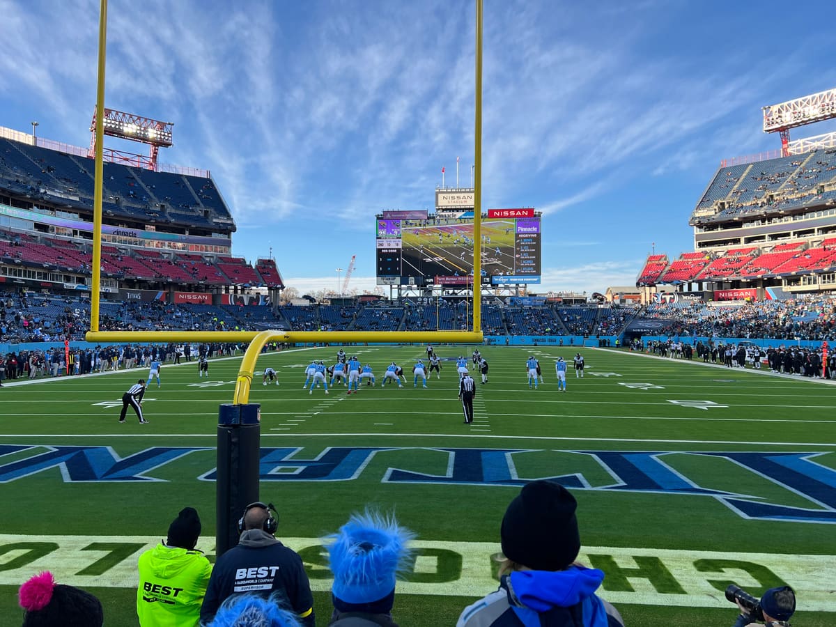 Nissan Stadium in Nashville during a 2025 Titans game against the Jaguars, seen from the south end zone