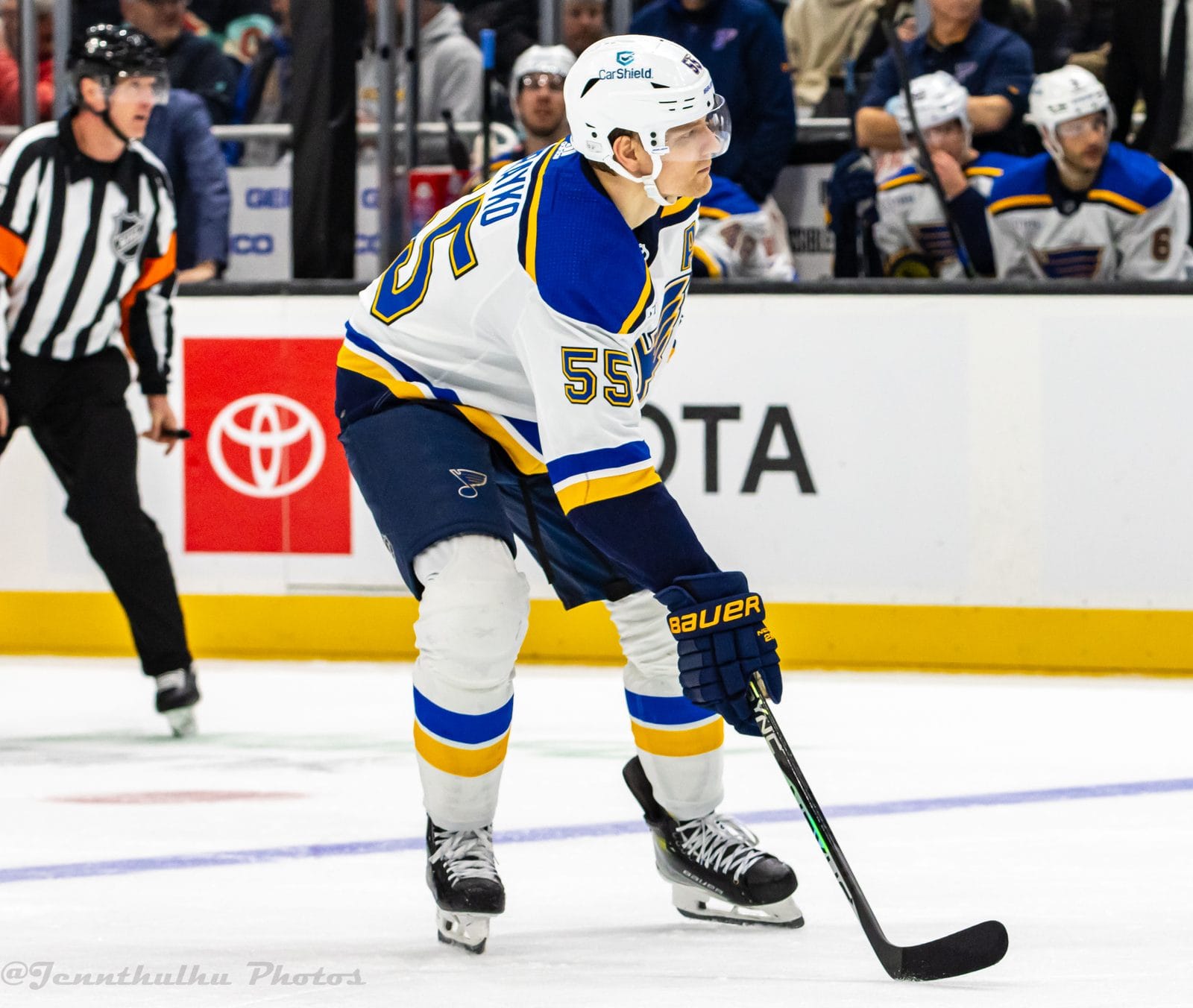 Colton Parayko in the Blues' white road uniform with the blue note crest and blue and yellow trim, No. 55, at Climate Pledge Arena in Seattle, January 26, 2024
