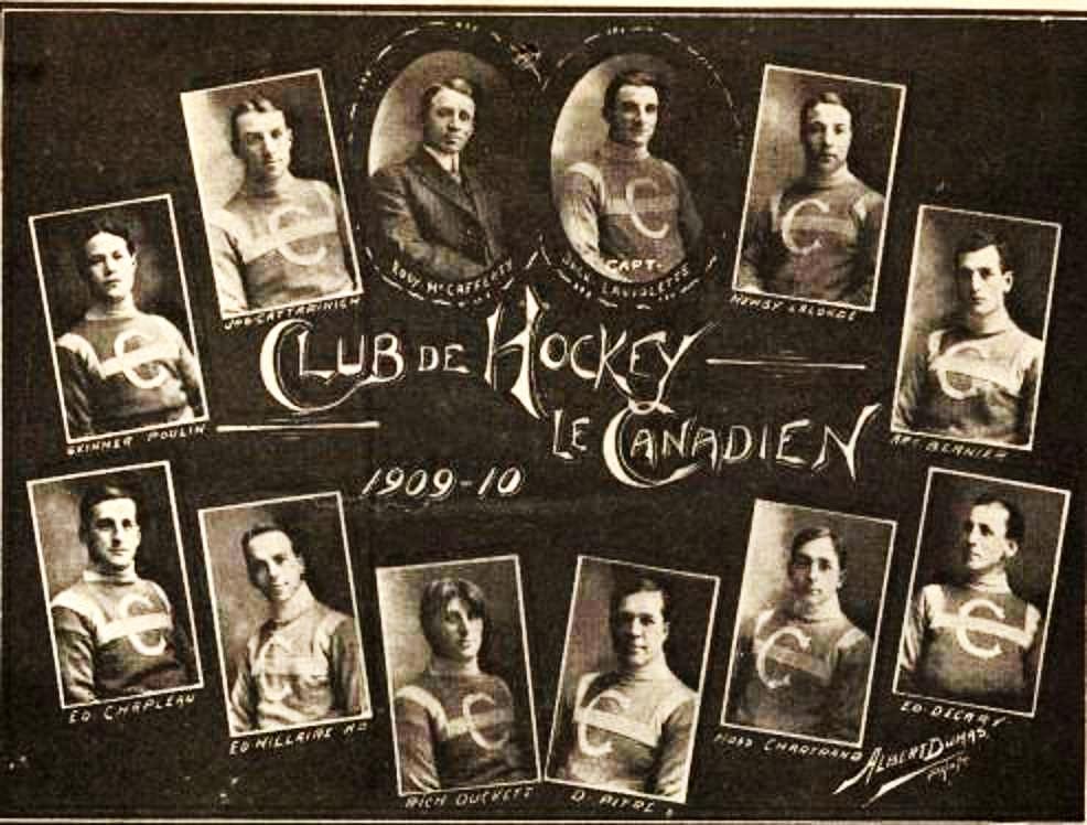 Team card of Club de Hockey Le Canadien, 1909-10, the club's first season, with oval portraits of the players in sweaters with a C on the chest