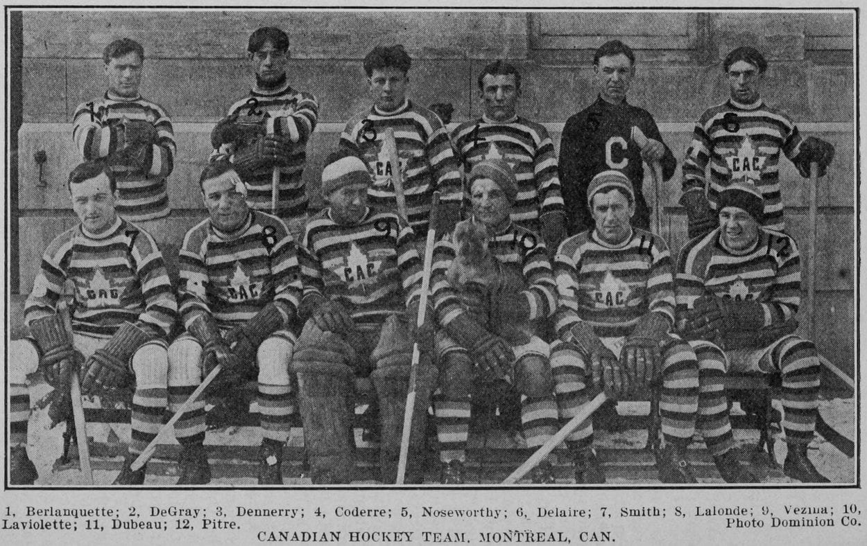 The Montreal Canadiens before the 1912-13 season in barber-pole striped sweaters with the CAC maple leaf crest