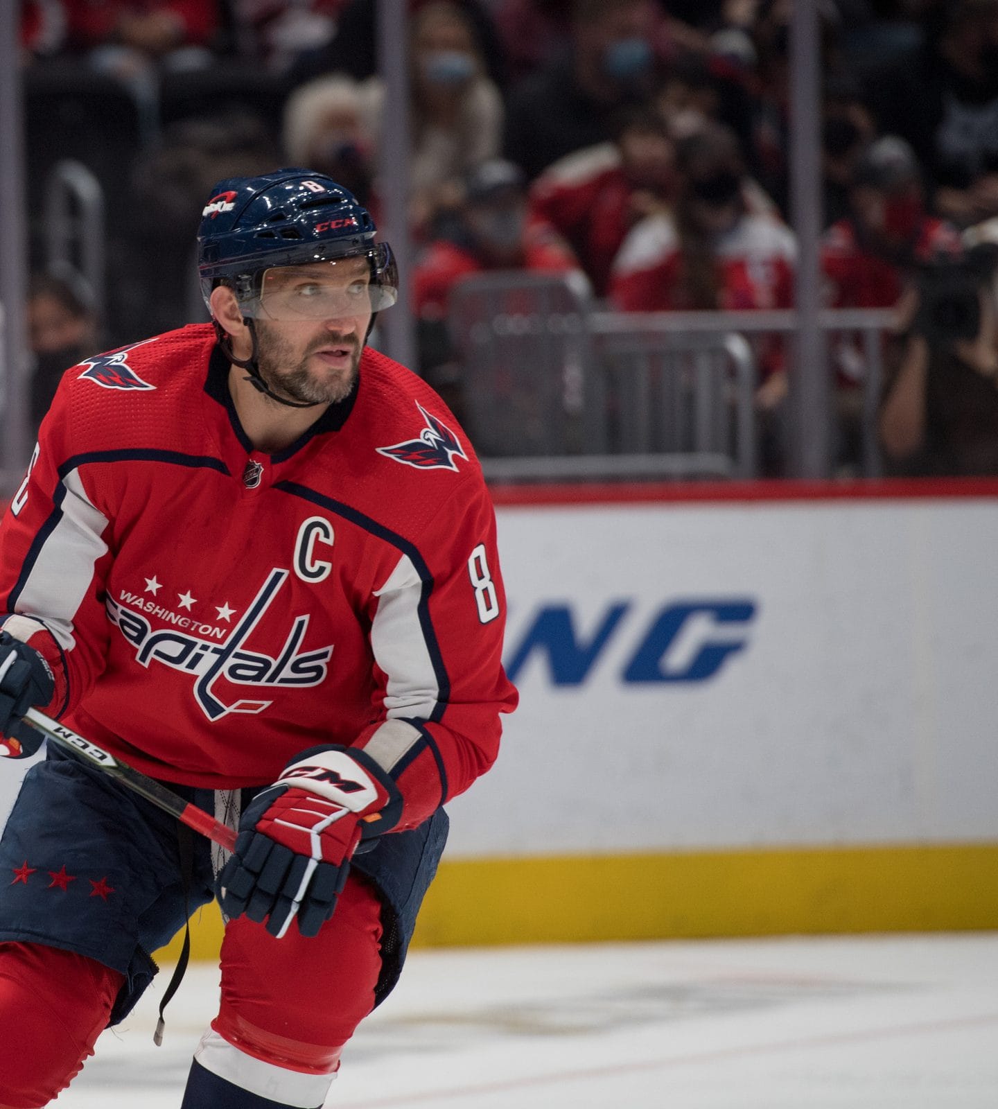 Captain Alex Ovechkin in the Capitals' red home uniform with the Capitals wordmark and stars, No. 8, at Capital One Arena in Washington, January 2, 2022