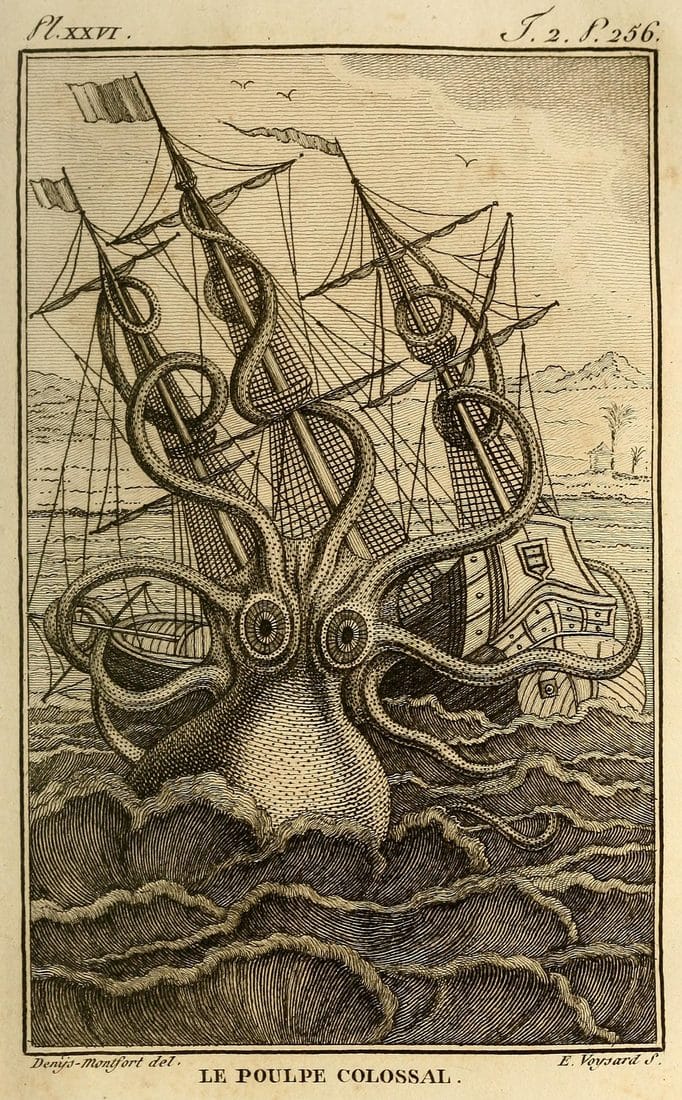 Pierre Denys de Montfort's 1801 engraving 'Le Poulpe Colossal', a giant octopus wrapping its arms around a three-masted sailing ship