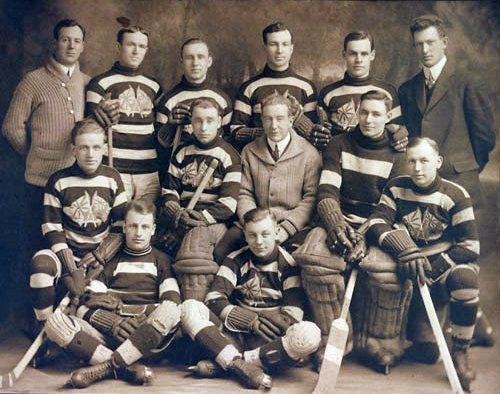 The 1914-15 Ottawa Senators team portrait in barber-pole striped sweaters, including Art Ross and Jack Darragh