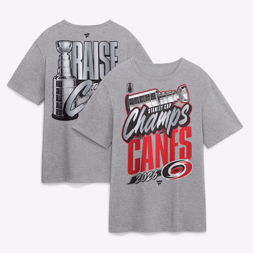 Carolina Hurricanes 2026 Stanley Cup Champions Fanatics authentic locker room t-shirt in heather gray with a dynamic 2026 Stanley Cup Champs Canes graphic and Stanley Cup illustration on the front and a vertical RAISE Stanley Cup graphic on the back