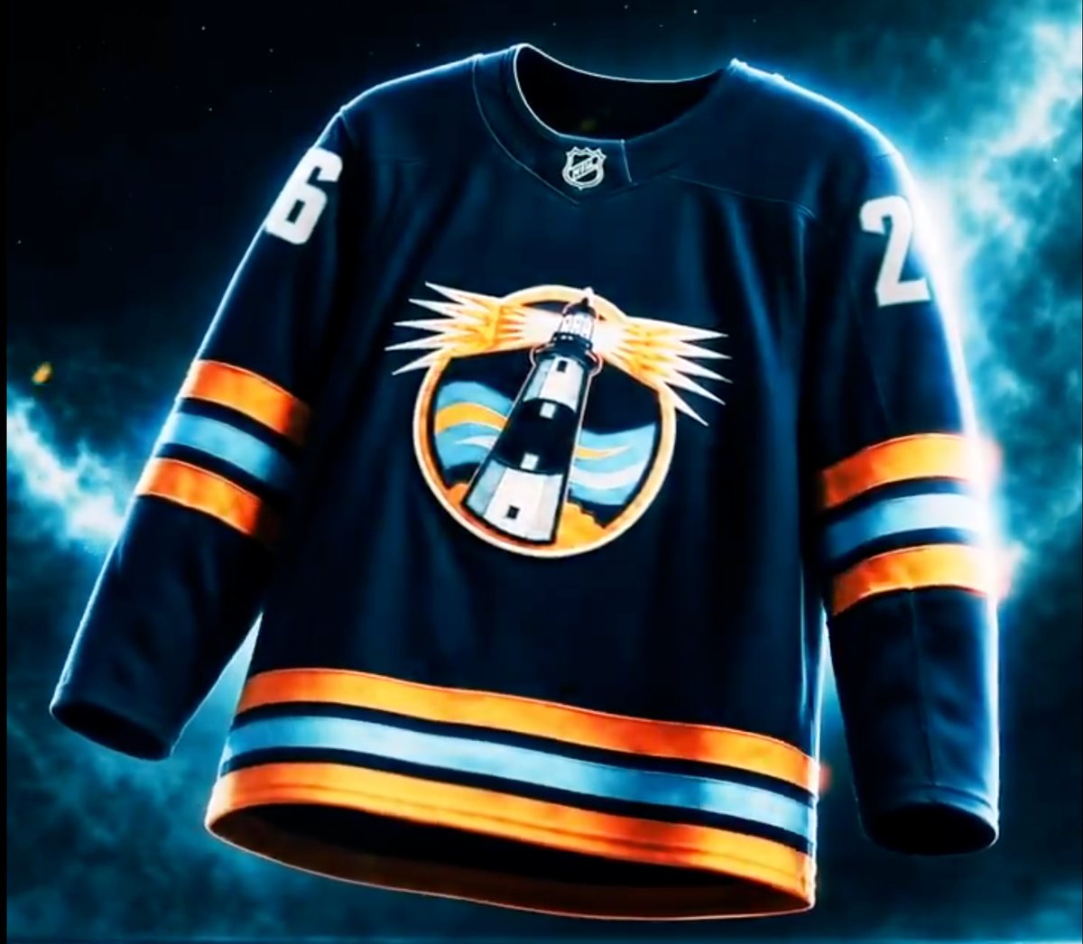 New York Islanders Navy Lighthouse third jersey design concept, a navy sweater with a circular lighthouse crest and orange, sky blue and white stripes on the sleeves and hem