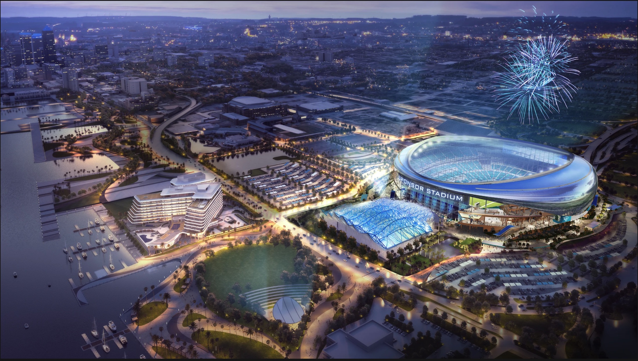 Jacksonville Jaguars new stadium aerial rendering at night with fireworks