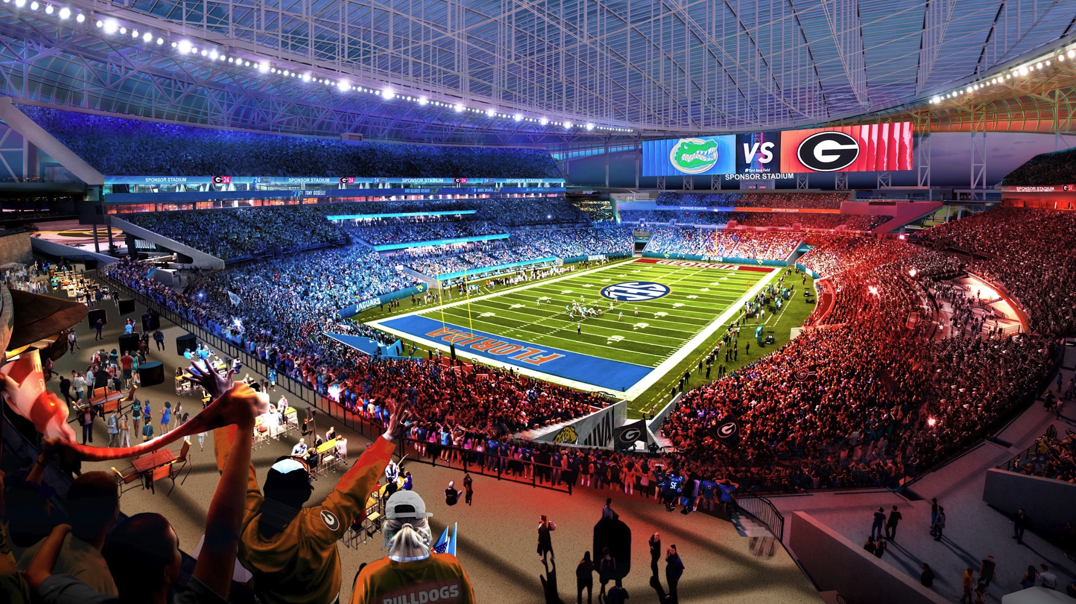 Jacksonville Jaguars new stadium rendering showing Florida vs Georgia SEC football game