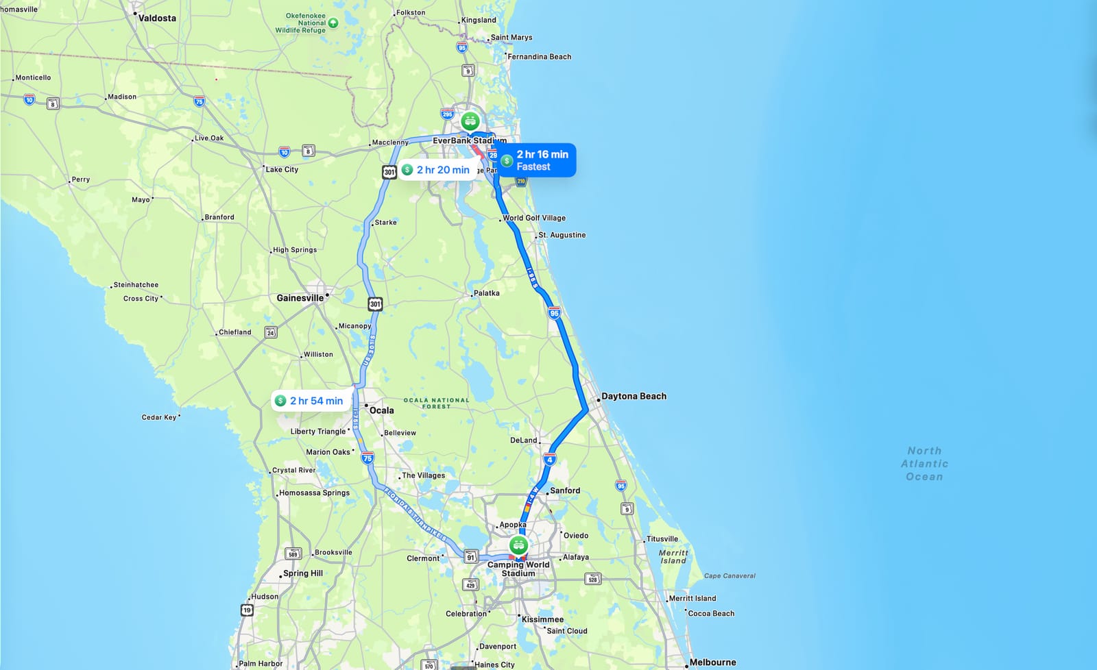 Apple Maps showing driving distance from EverBank Stadium in Jacksonville to Camping World Stadium in Orlando