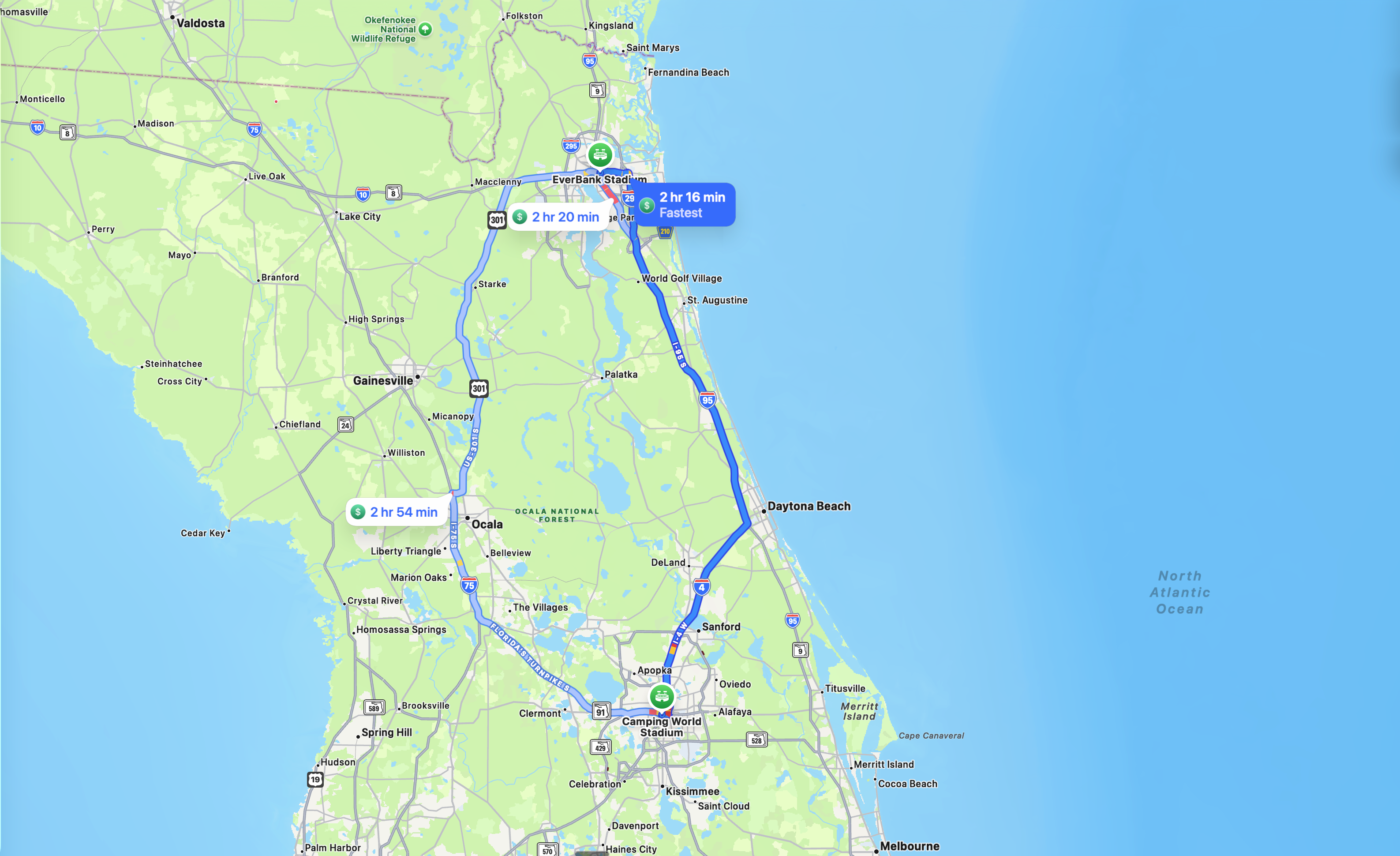 Apple Maps showing driving distance from EverBank Stadium in Jacksonville to Camping World Stadium in Orlando
