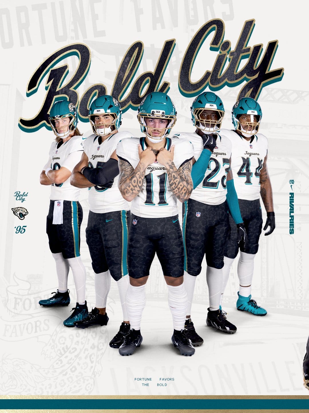 Jacksonville Jaguars Bold City Rivalries uniform, alabaster jersey with cursive Jaguars script, teal helmets and spotted black pants