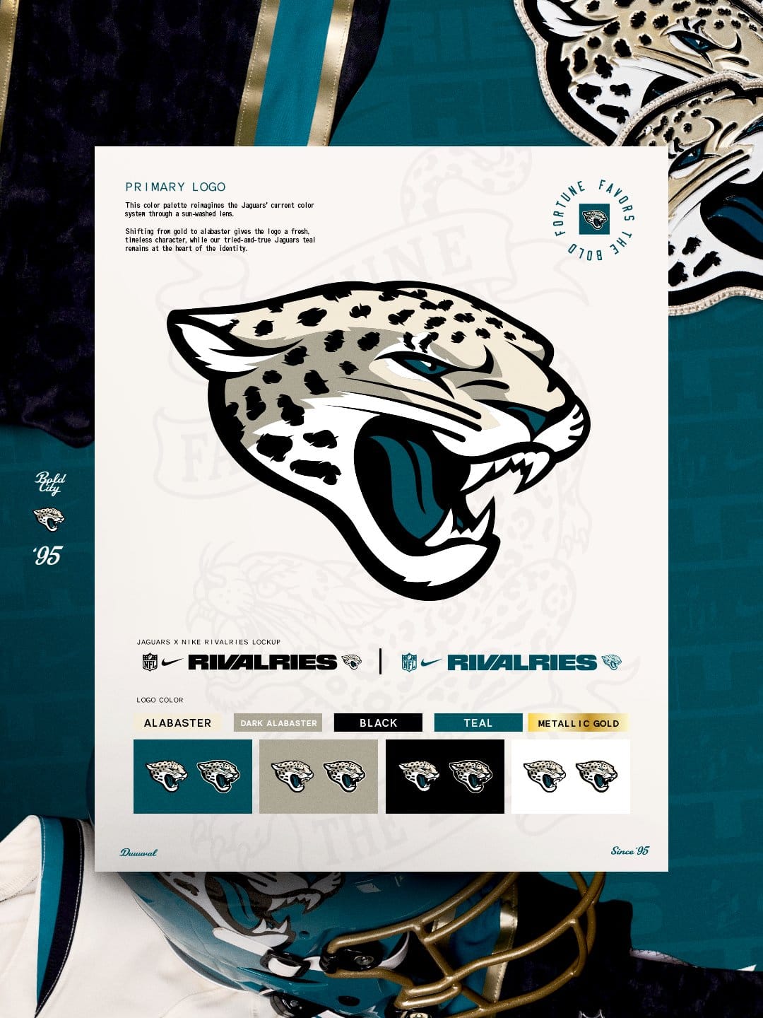 Jacksonville Jaguars Bold City sun-washed primary logo in alabaster, black, and teal colorways