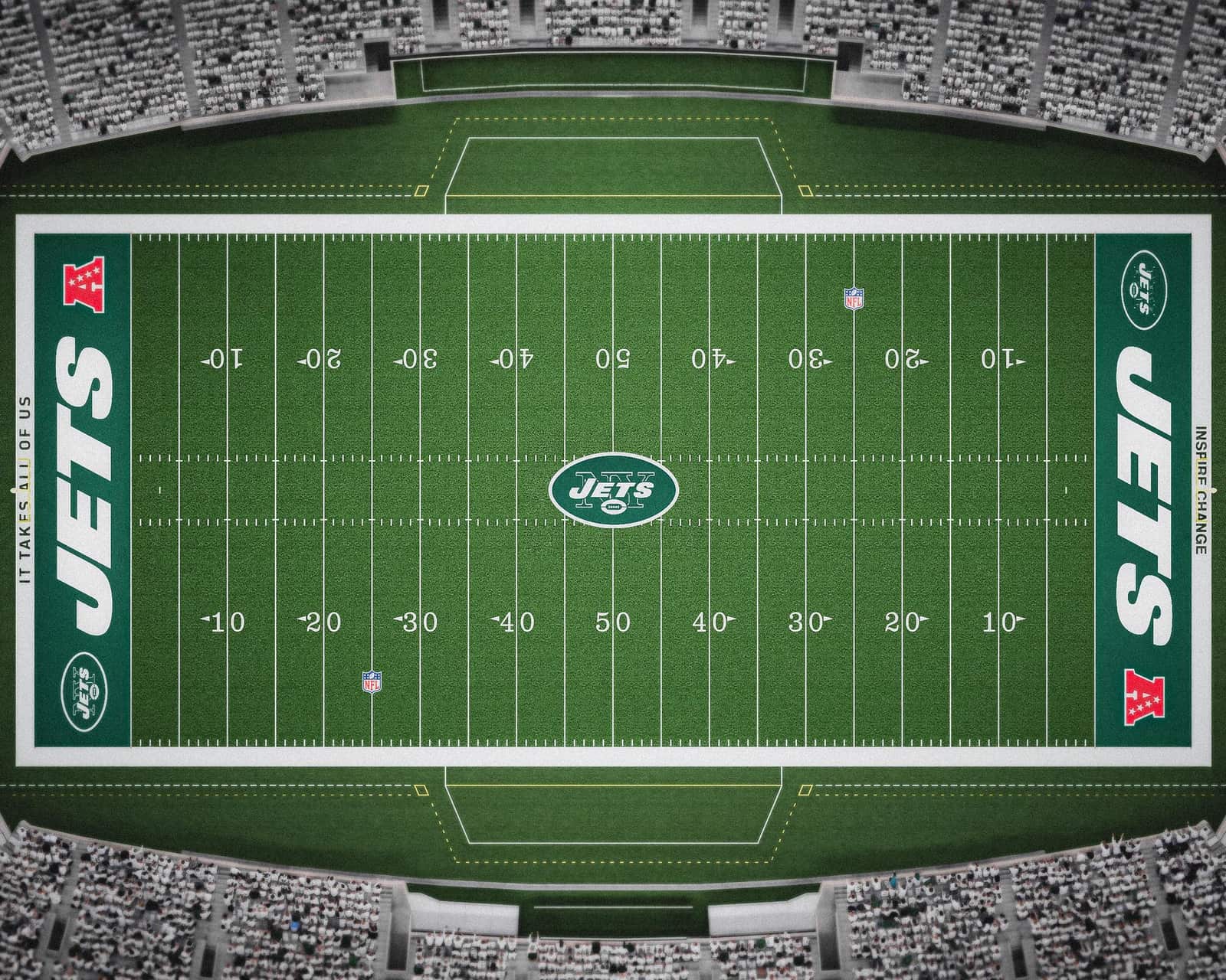New York Jets rendering of the MetLife Stadium field for the Classic game: green oval JETS logo with NY at midfield, italic JETS wordmark in both green end zones with the oval logo in the corners