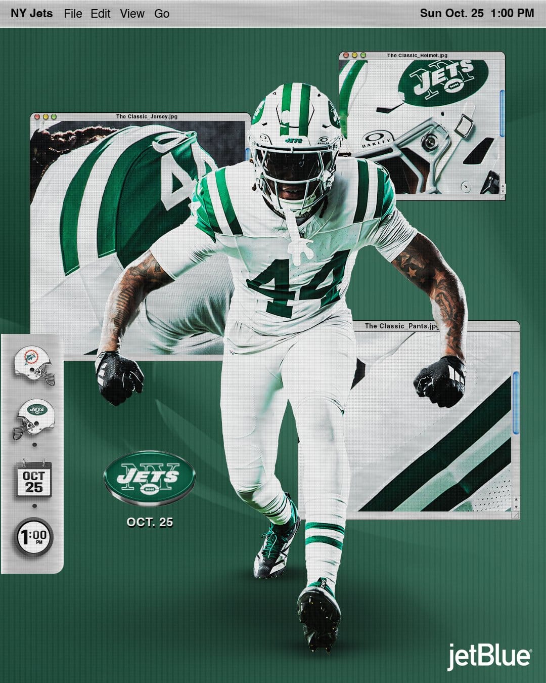 New York Jets graphic showing the Classic throwback uniform: white helmet with green stripes and gray facemask, white jersey with green numbers and sleeve stripes, white pants and striped socks, for Sunday, October 25