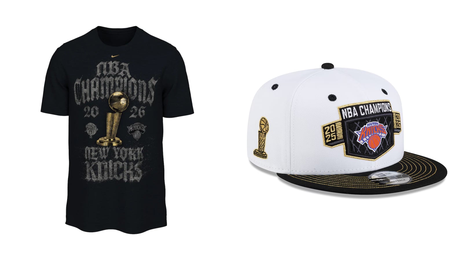 New York Knicks 2026 NBA Champions locker room gear: the black Nike trophy t-shirt with a metallic gold Larry O'Brien Trophy and distressed gothic lettering next to the white-and-black New Era 9FIFTY snapback hat with the NBA Champions shield badge