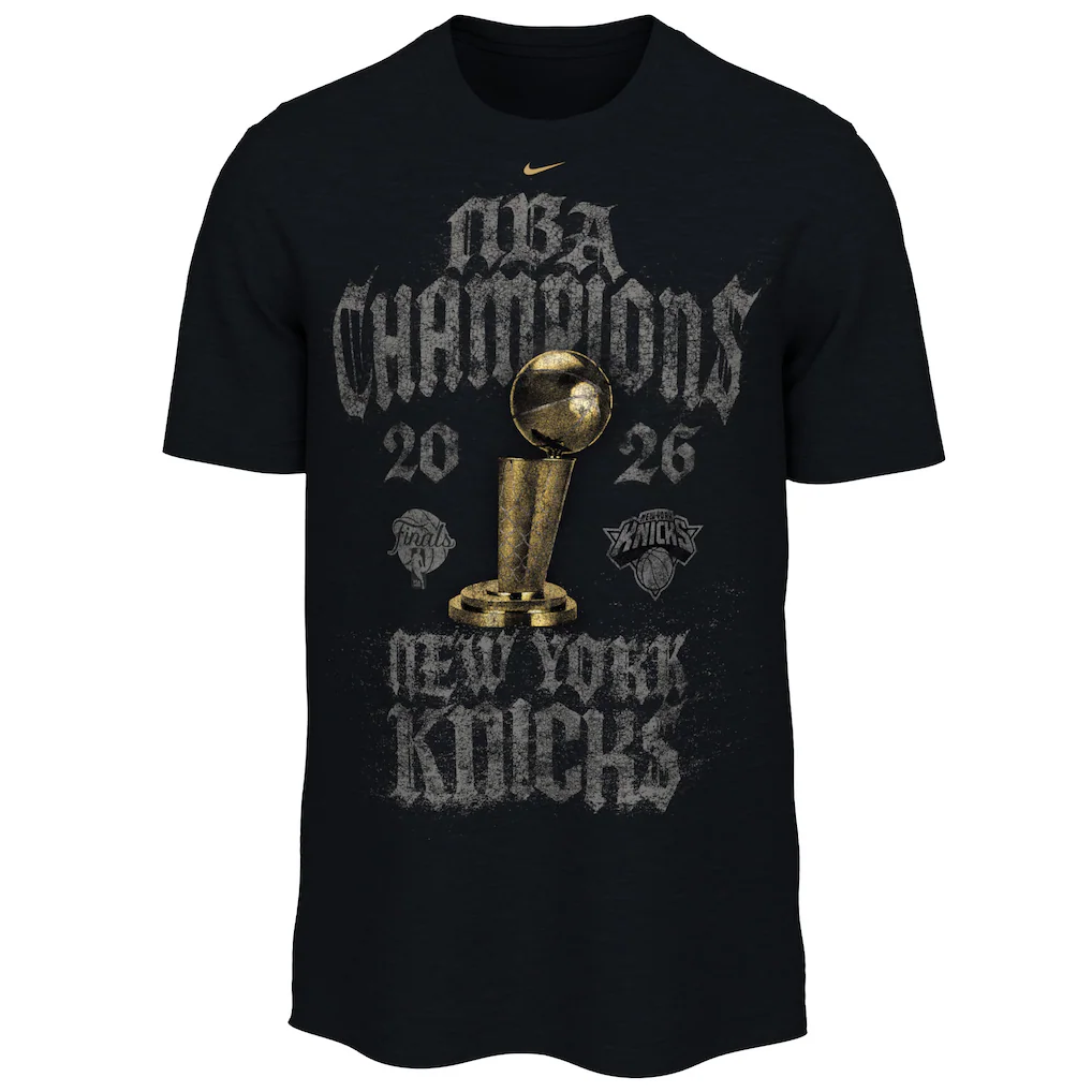 New York Knicks 2026 NBA Champions locker room Nike t-shirt in black with a large metallic gold Larry O'Brien Trophy, distressed vintage gothic NBA Champions 2026 and New York Knicks lettering, the NBA Finals and Knicks logos flanking the trophy, and a gold Nike swoosh