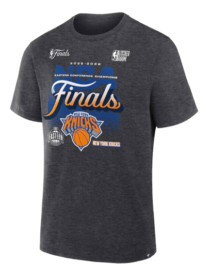 New York Knicks 2026 NBA Finals locker room heather gray t-shirt from Fanatics with Eastern Conference Champions text Finals wordmark in Knicks orange Knicks logo crest and NBA Finals trophy logo on chest worn by players after sweeping Cleveland Cavaliers in 2026 NBA Eastern Conference Finals