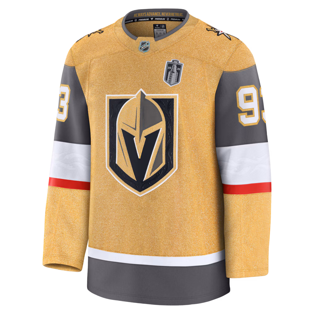Vegas Golden Knights forward Mitch Marner gold home sweater with the 2026 Stanley Cup Final patch on the right chest with no captain or alternate captain letter patch on the left chest showing the patch placement on a standard Knights player sweater for the 2026 NHL Stanley Cup Final