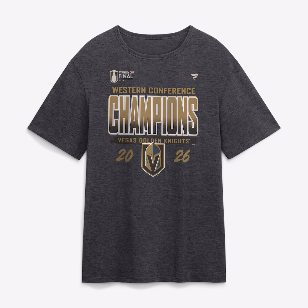 Vegas Golden Knights 2026 Western Conference Champions locker room t-shirt from Fanatics with Western Conference Champions wordmark and Knights branding celebrating the 4-0 sweep over the Colorado Avalanche advancing the Knights to the 2026 Stanley Cup Final