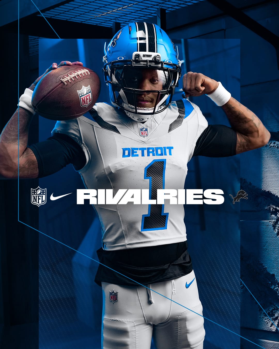 Detroit Lions Rivalries uniform, bone white jersey with DETROIT wordmark and carbon fiber numbers under an electric blue helmet