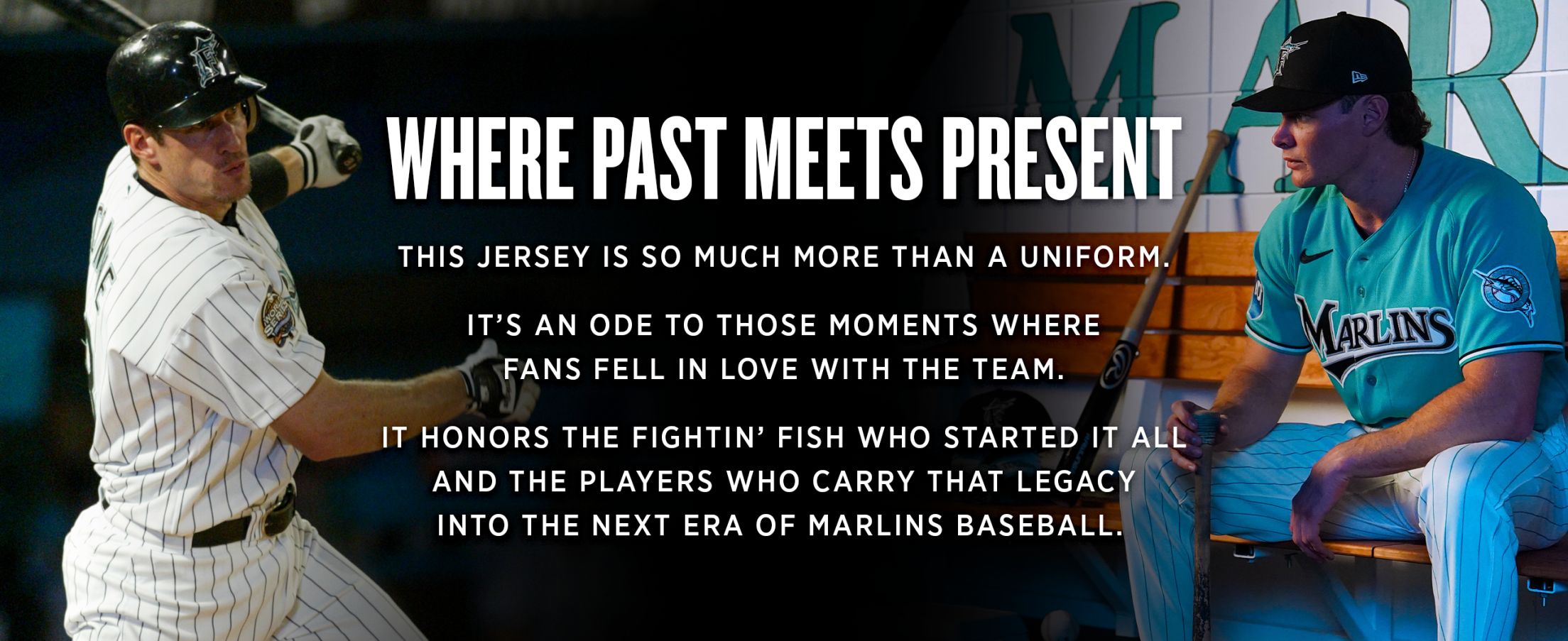 Miami Marlins Where Past Meets Present teal jersey promo comparing original Florida Marlins to current