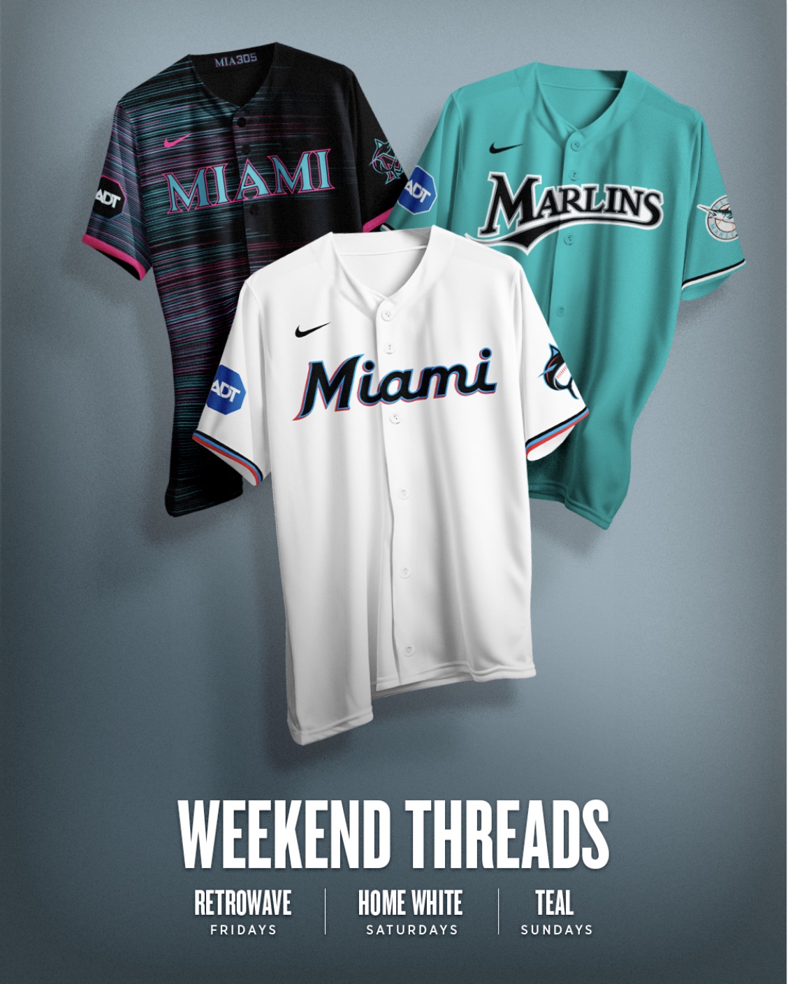 Miami Marlins 2026 weekend uniform schedule showing Retro Wave Fridays, home whites Saturdays, and teal Sundays