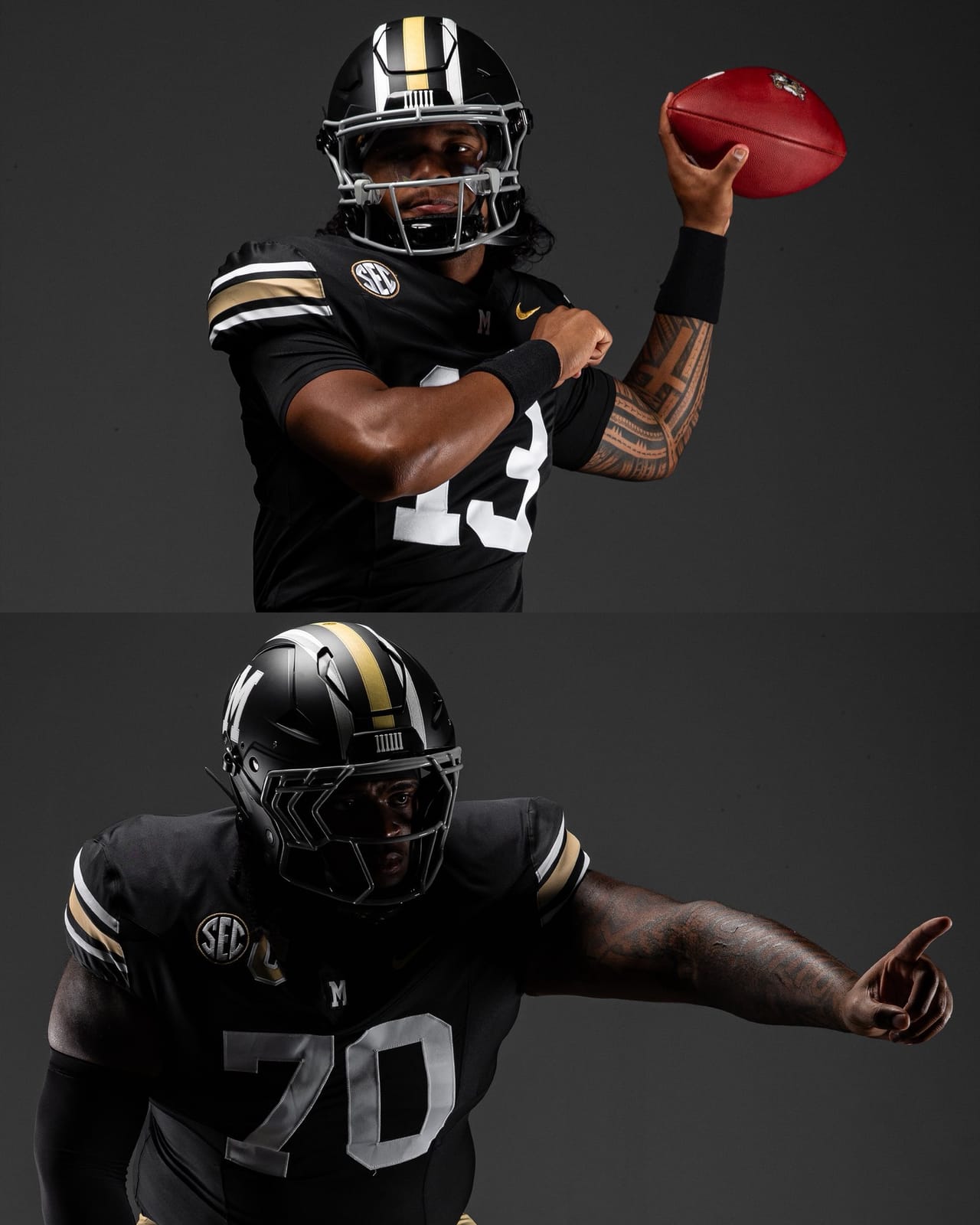 Missouri 2026 throwback uniform detail, a black jersey with gold and white shoulder stripes, no chest wordmark, an SEC patch and the block M on the helmet