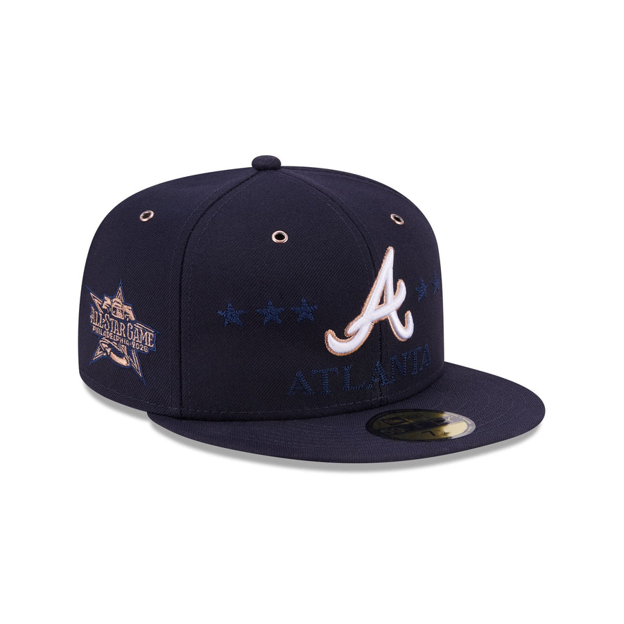 Atlanta Braves 2026 MLB All-Star Game on-field New Era 59FIFTY cap in navy with a white tomahawk and A logo, gold accents, tonal stars, and the All-Star Game Philadelphia 2026 side patch