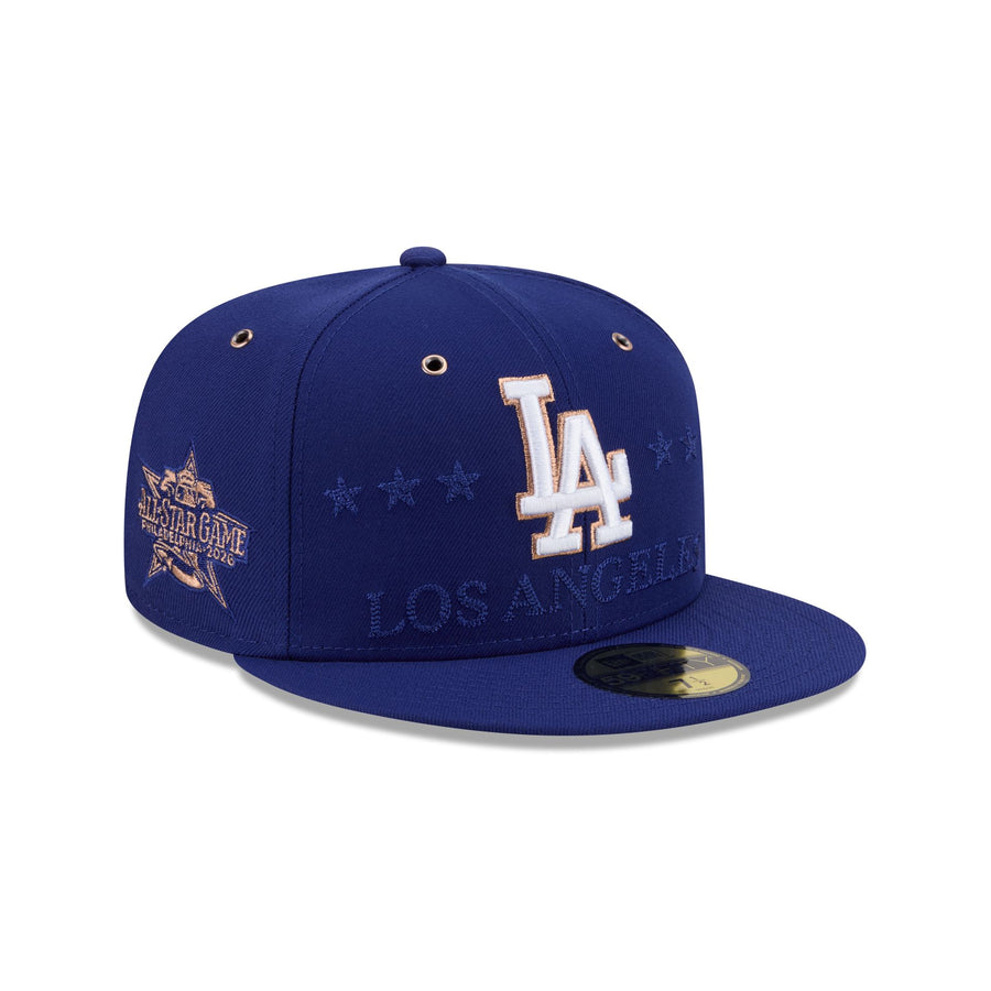 Los Angeles Dodgers 2026 MLB All-Star Game on-field New Era 59FIFTY cap in Dodger blue with a white LA logo, gold accents, tonal stars, and the All-Star Game Philadelphia 2026 side patch