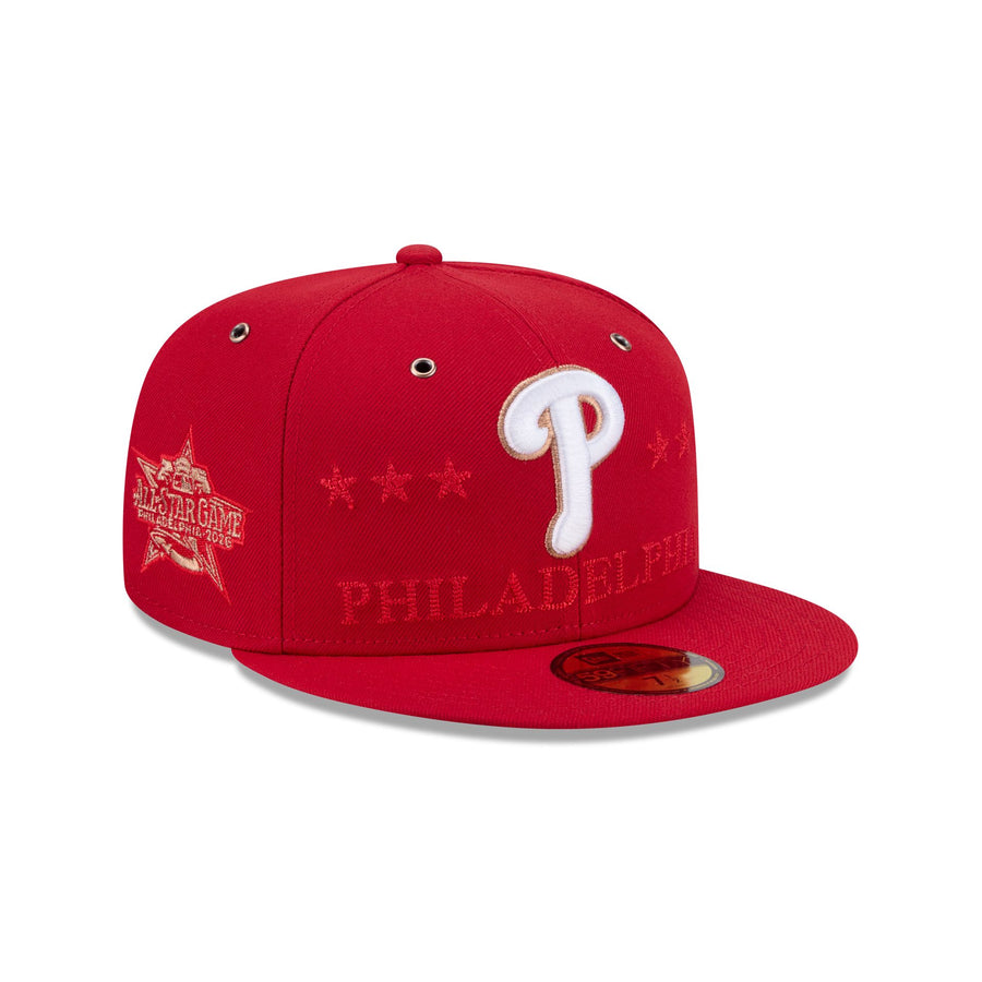 Philadelphia Phillies 2026 MLB All-Star Game on-field New Era 59FIFTY cap in red with a white P logo, gold accents, tonal stars and PHILADELPHIA wordmark, and the star-shaped All-Star Game Philadelphia 2026 side patch