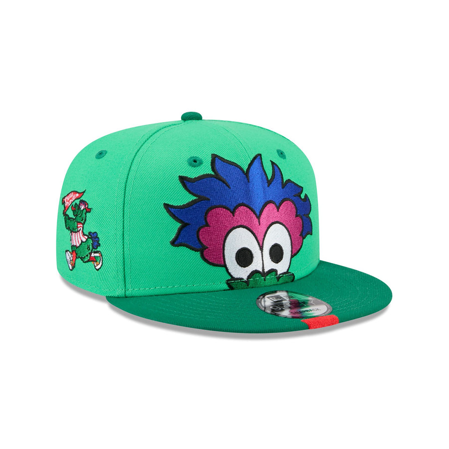 Philadelphia Phillies 2026 MLB All-Star Game Phillie Phanatic New Era 9FIFTY green snapback cap with the Phanatic's fuzzy chenille face, googly eyes, blue and magenta hair, and a small Phanatic figure on the side