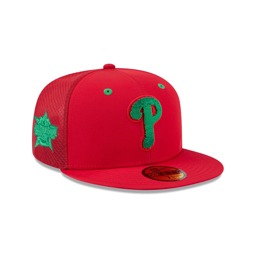 Philadelphia Phillies 2026 MLB All-Star Game Workout Day New Era cap in red with a fuzzy green chenille P logo, a green All-Star Game Philadelphia 2026 side patch, and red mesh back panels