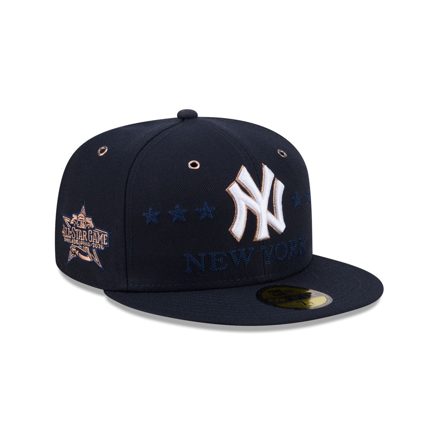 New York Yankees 2026 MLB All-Star Game on-field New Era 59FIFTY cap in navy with a white NY logo, gold accents, tonal stars and NEW YORK wordmark, and the All-Star Game Philadelphia 2026 side patch