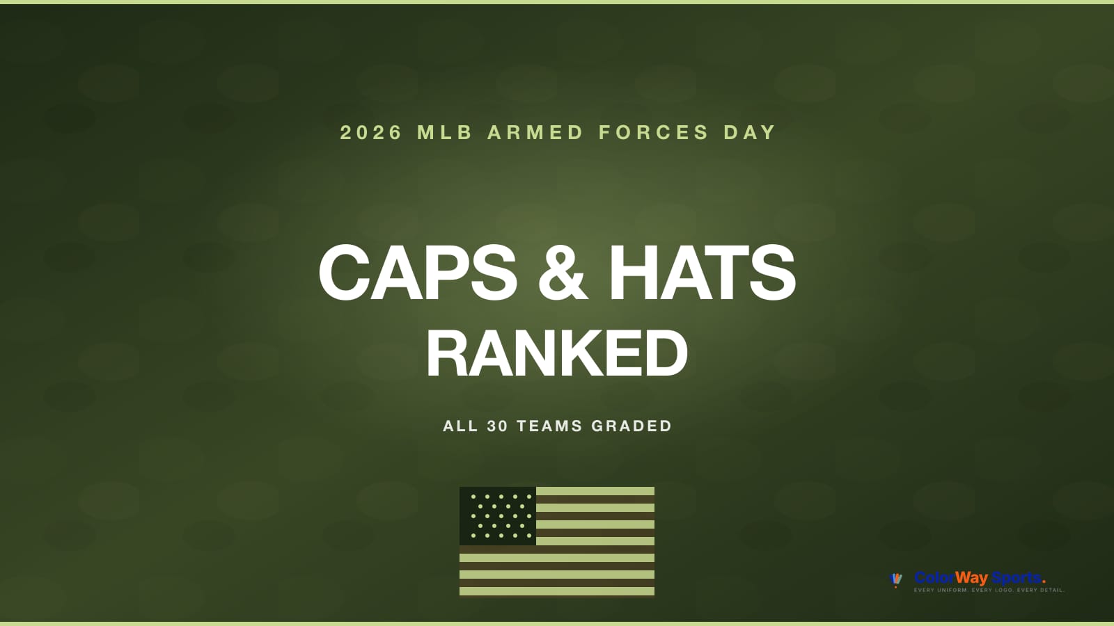 2026 MLB Armed Forces Day caps ranked cover with olive green, American flag, and MLB logo on military camouflage gradient