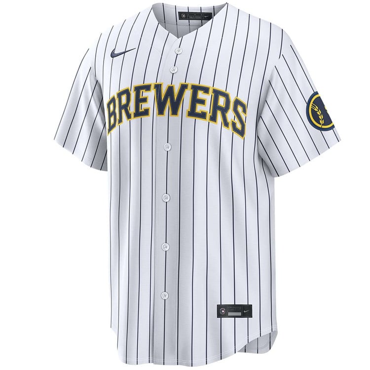 Milwaukee Brewers Home White Pinstripes jersey worn August 22 2026 against the Braves, from the MLB daily uniform tracker