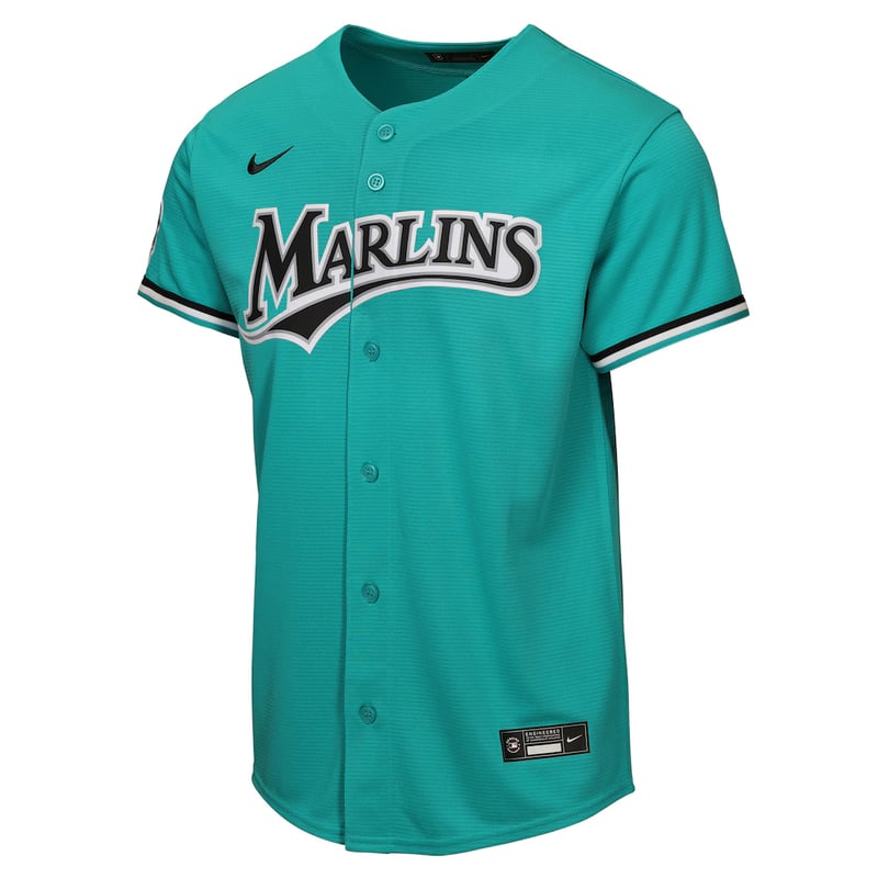 Miami Marlins 1993 teal throwback jersey with the block MARLINS wordmark and swoosh underline