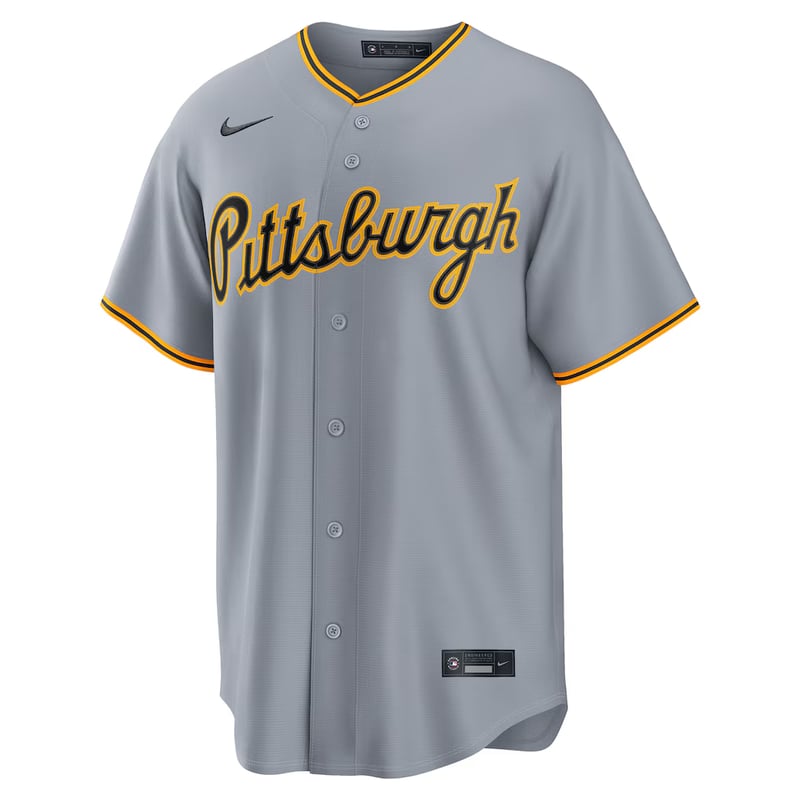 Pittsburgh Pirates Road Gray jersey worn August 23 2026 against the Dodgers, from the MLB daily uniform tracker