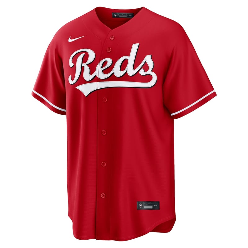 Cincinnati Reds Red Script Alternate jersey worn August 23 2026 against the Diamondbacks, from the MLB daily uniform tracker