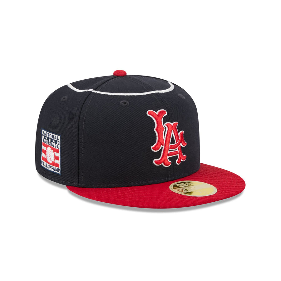 Los Angeles Angels 1961-64 throwback cap, navy crown with a red brim and a red cursive LA, Hall of Fame side patch