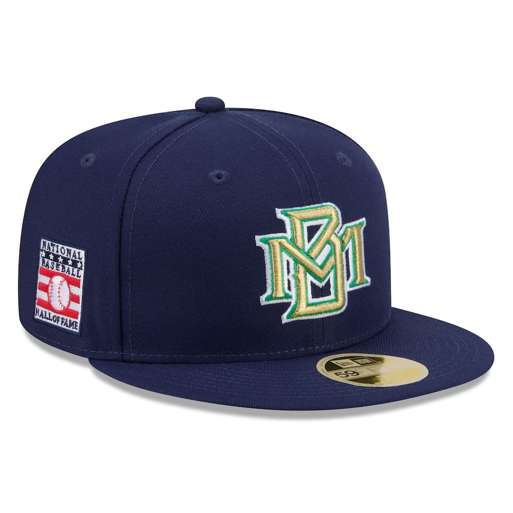 Milwaukee Brewers mid-1990s throwback cap, navy with the gold-and-green interlocked MB monogram, Hall of Fame side patch