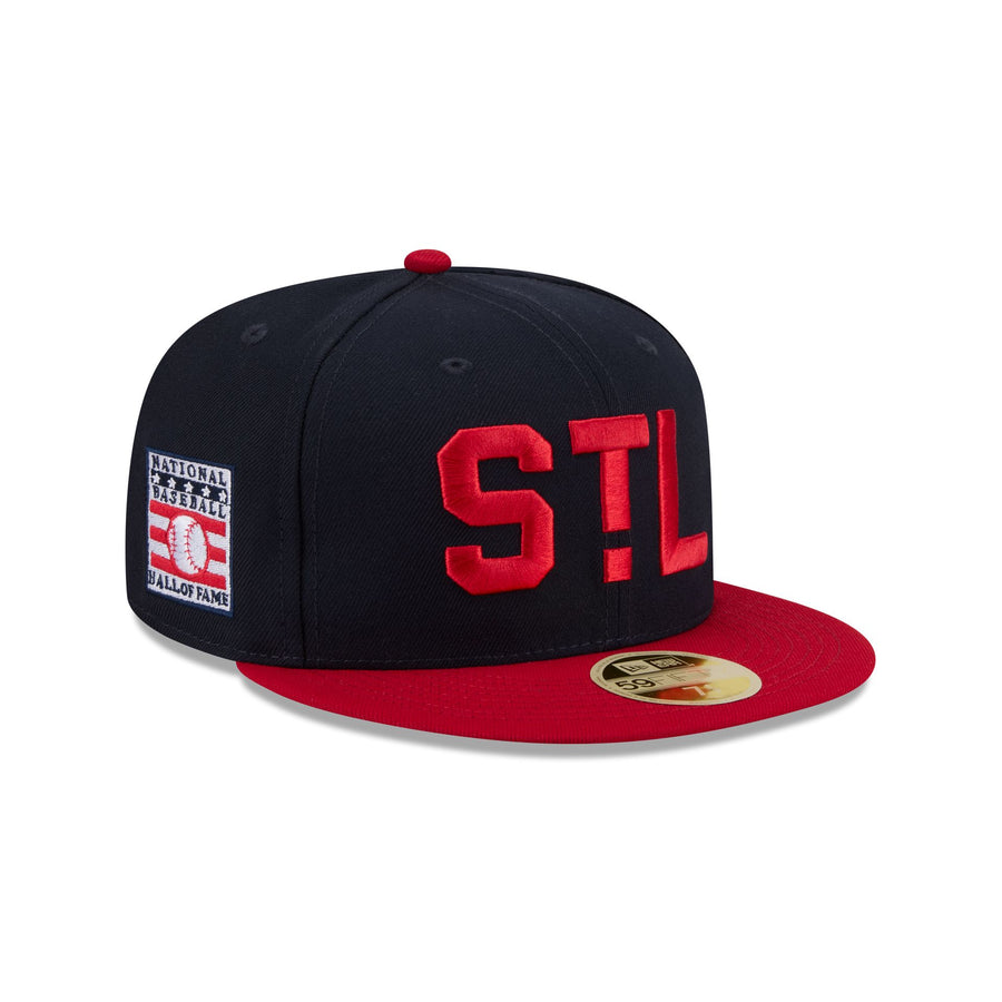St. Louis Cardinals 1939-40 throwback cap, navy crown with a red brim and a red STL, Hall of Fame side patch