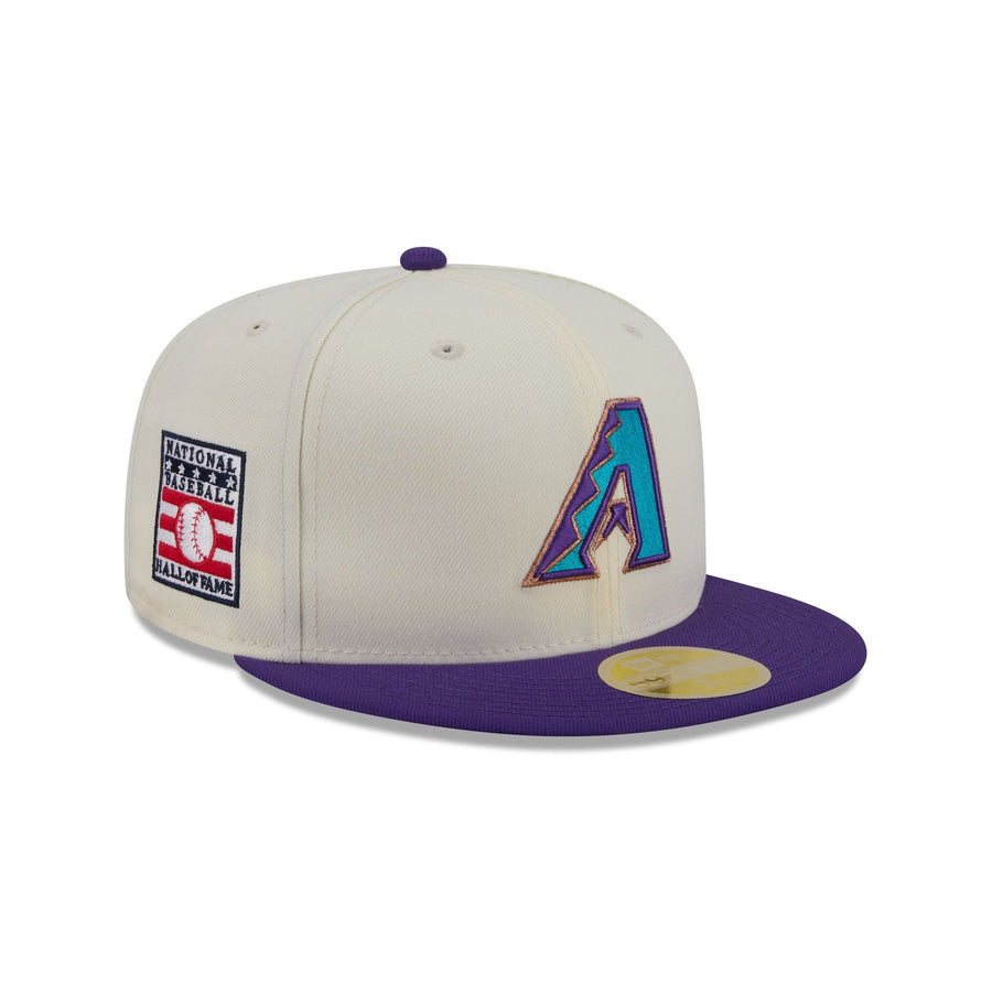Arizona Diamondbacks 1998 throwback cap, cream crown with a purple brim and a teal and copper snake A, Hall of Fame side patch
