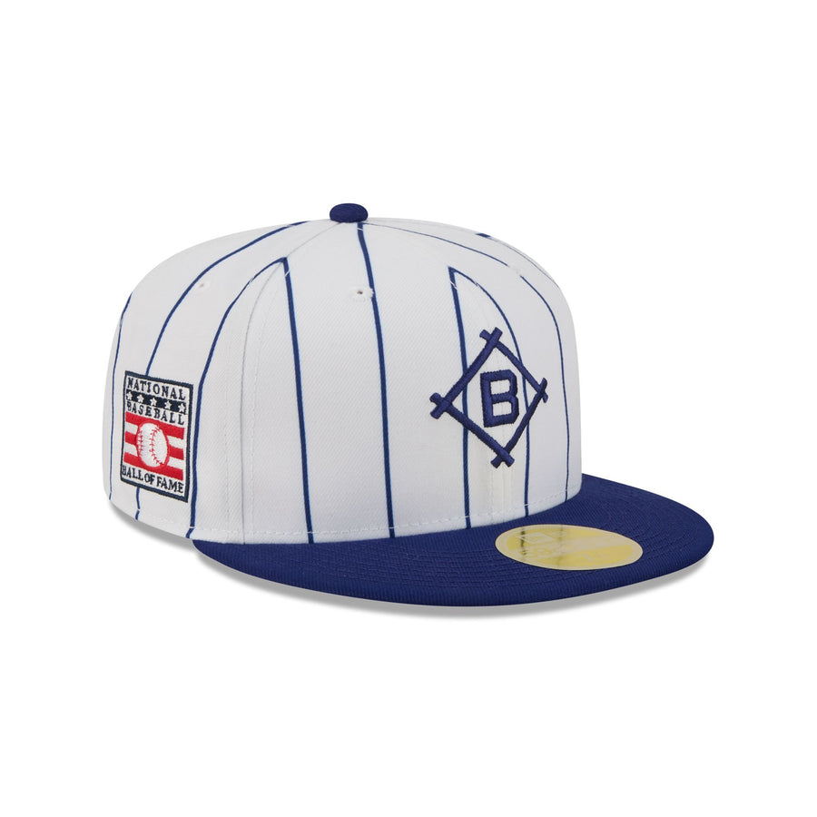Brooklyn Dodgers 1912 throwback cap, white with navy pinstripes, a navy brim, and a navy B in a diamond, Hall of Fame side patch