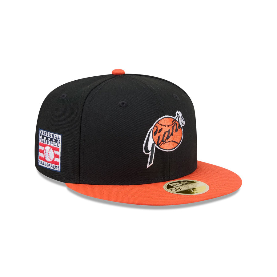 San Francisco Giants 1970s throwback cap, black crown with an orange brim and the Giants script over a baseball, Hall of Fame side patch