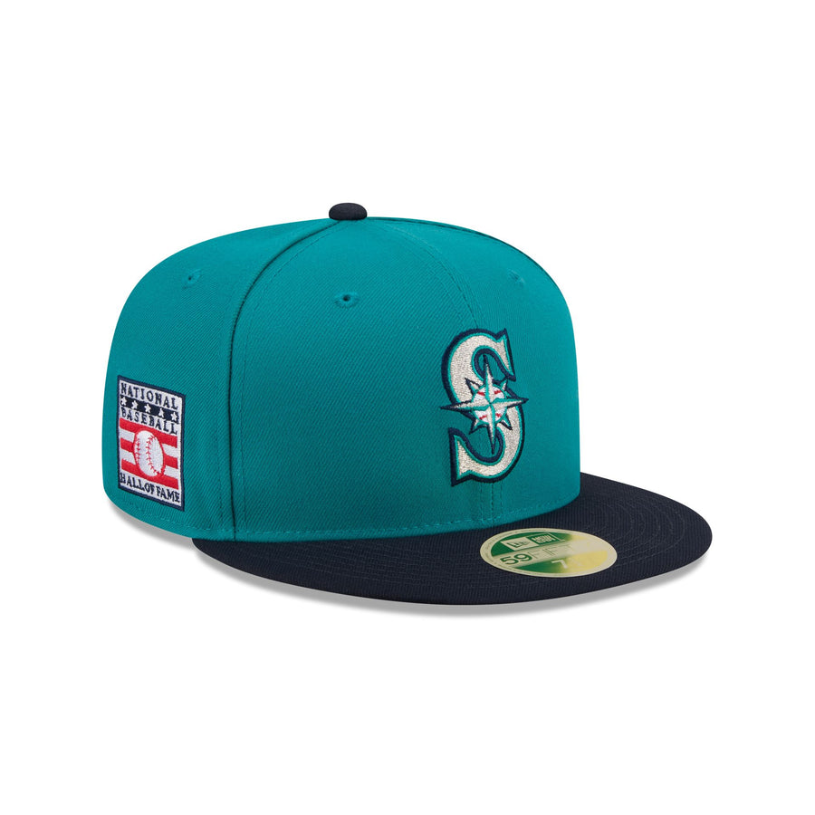 Seattle Mariners 1990s throwback cap, teal crown with a navy brim and the silver compass S, Hall of Fame side patch