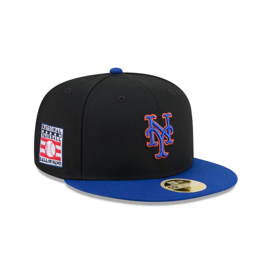 New York Mets black-crown throwback cap with a royal blue brim and the orange and blue NY, Hall of Fame side patch