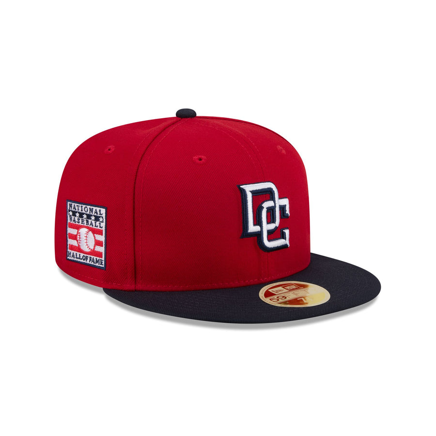 Washington Nationals early throwback cap, red crown with a navy brim and a white interlocked DC, Hall of Fame side patch