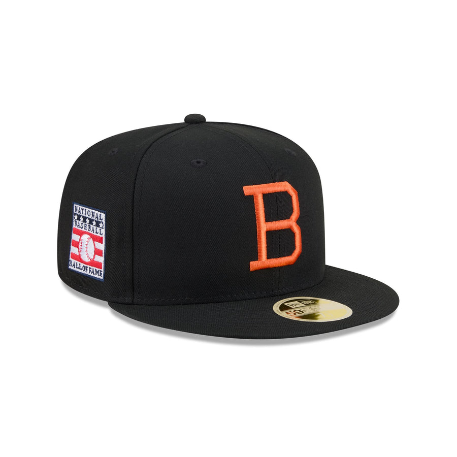 Baltimore Orioles 1963 throwback cap, a black crown with an orange block B and a Hall of Fame side patch