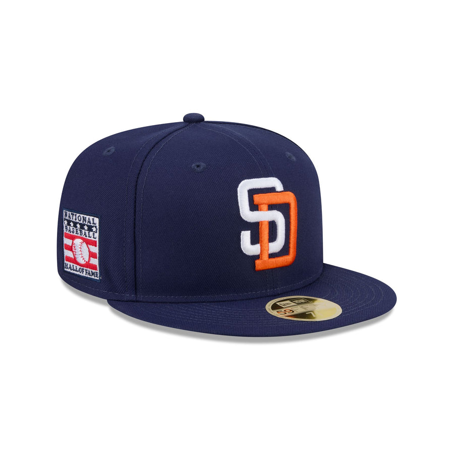 San Diego Padres 1990s throwback cap, navy with a white and orange interlocked SD, Hall of Fame side patch