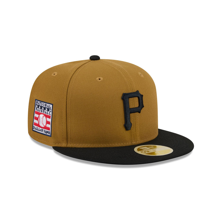Pittsburgh Pirates 1970s throwback cap, gold crown with a black brim and a black P, Hall of Fame side patch