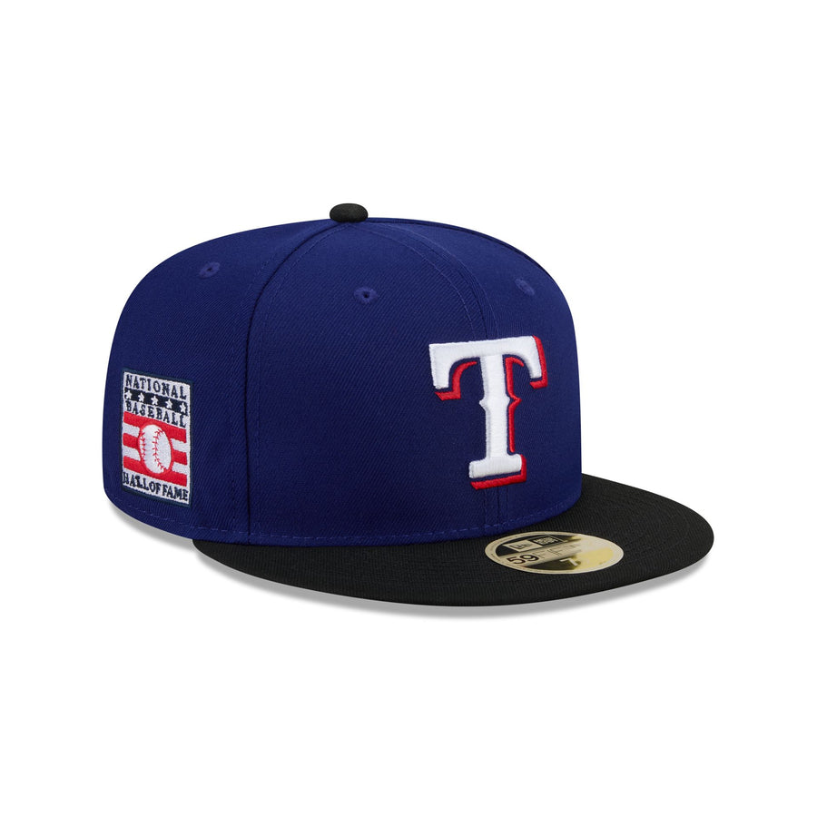 Texas Rangers throwback cap, a royal blue crown with a black brim and a white block T outlined in red, Hall of Fame side patch